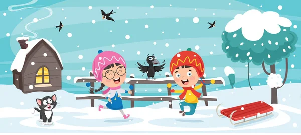 Niños Jugando Afuera Invierno — Vector de stock