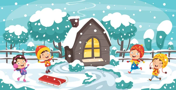 Niños Jugando Afuera Invierno — Vector de stock