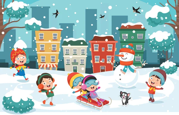 Children Playing Winter — Stock Vector