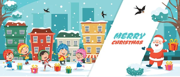 Biglietto Auguri Natale Design Con Personaggi Dei Cartoni Animati — Vettoriale Stock