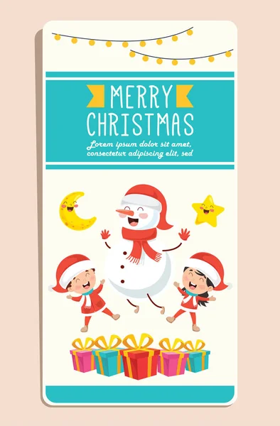 Design Cartão Saudação Natal Com Personagens Desenhos Animados —  Vetores de Stock