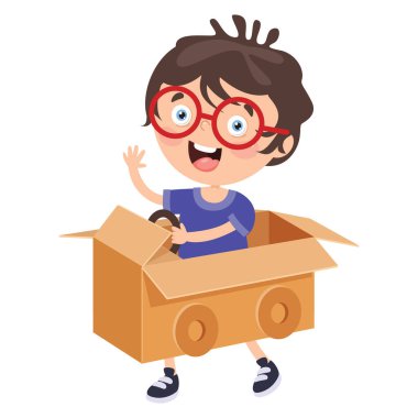 Happy Kid Playing With Cardboard Costumes clipart