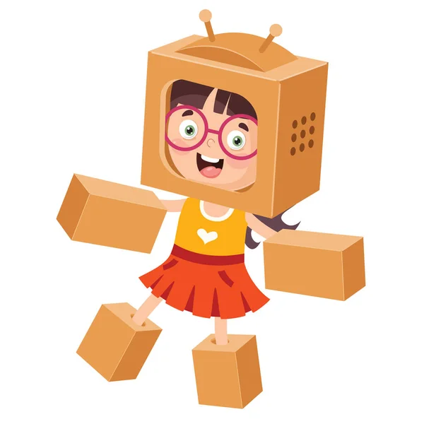 Happy Kid Playing Cardboard Costumes — Stock Vector