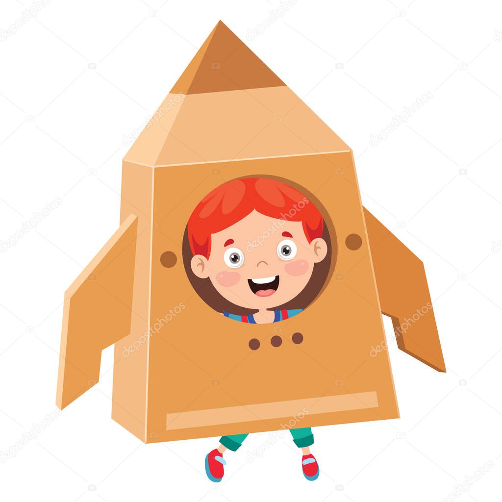 Happy Kid Playing With Cardboard Costumes