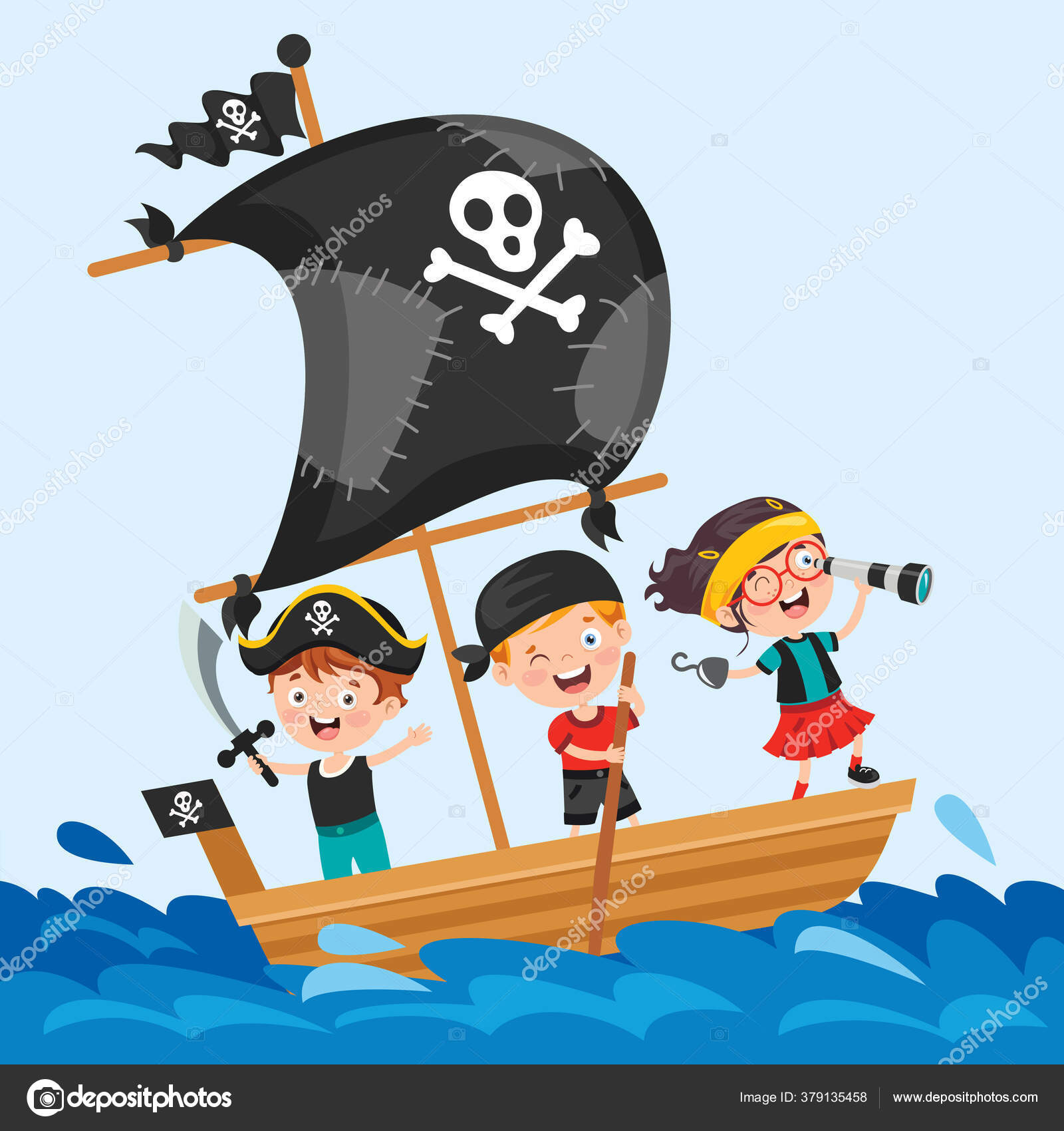 Симпатичные Маленькие Пиратские Дети Векторное Изображение.