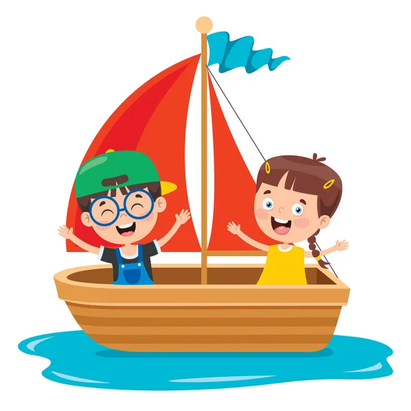 Lindos Niños Pequeños Barco — Vector de stock