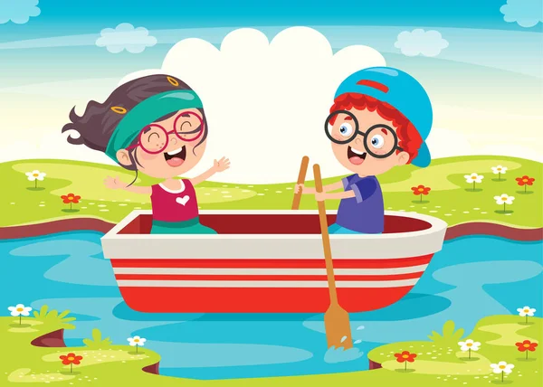 Lindos Niños Pequeños Barco — Vector de stock