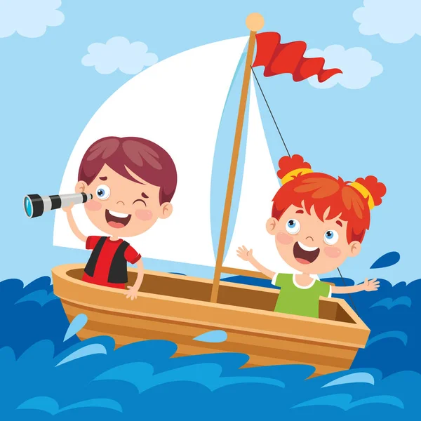 Söta Små Barn Båten — Stock vektor