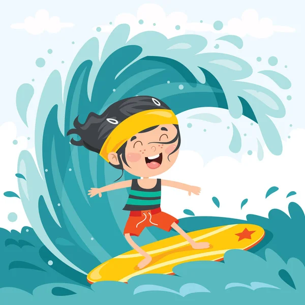 Happy Cartoon Character Surfing Sea — Stock Vector