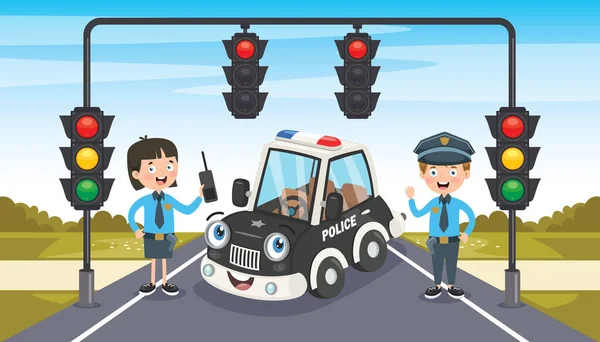 Policiais Posando Com Carro Engraçado — Vetor de Stock