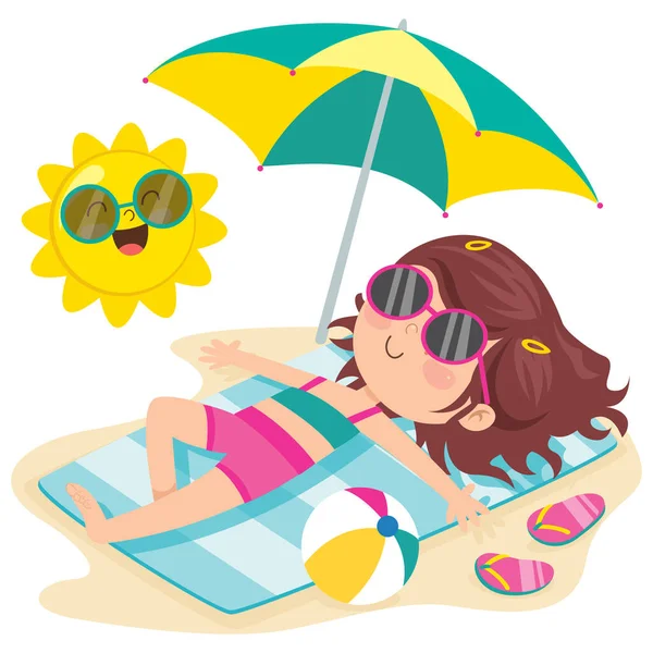 Personaje Dibujos Animados Tomando Sol Playa — Vector de stock