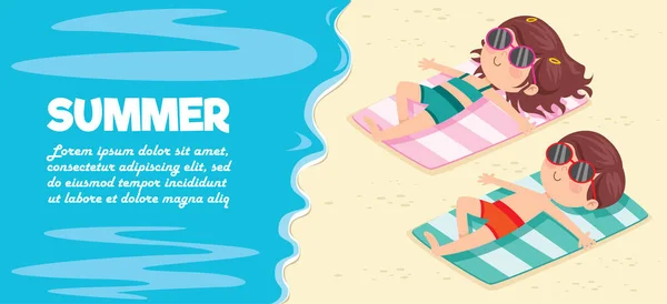 卡通人物在海滩日光浴 — 图库矢量图片