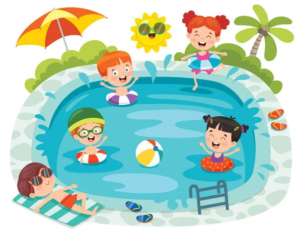 Komik Çocuklar Yüzme Havuzu — Stok Vektör