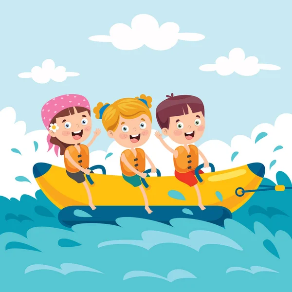 在香蕉船上玩乐的儿童 — 图库矢量图片
