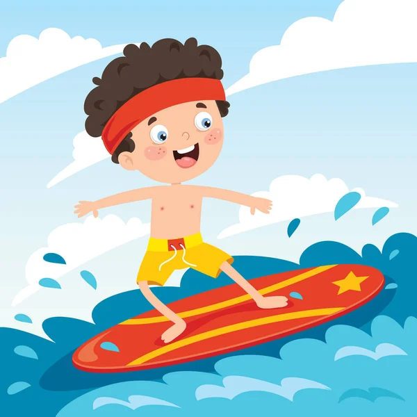 Happy Cartoon Character Surfing Sea — Stock Vector