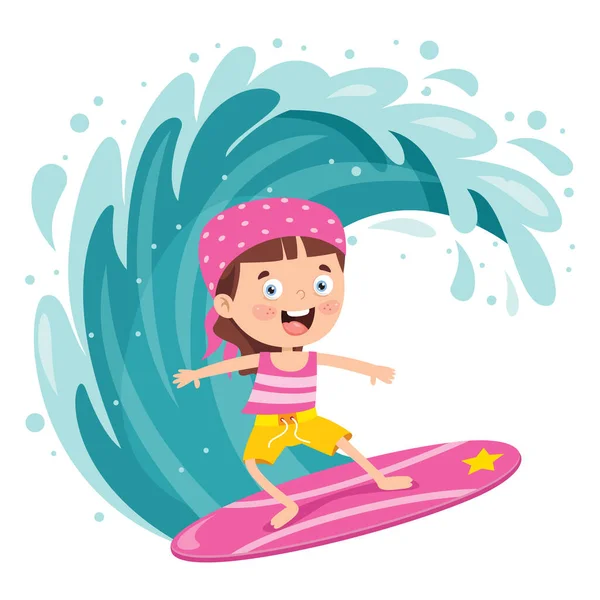 Happy Cartoon Character Surfing Sea — Stock Vector