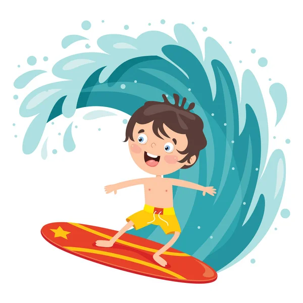 Happy Cartoon Character Surfing Sea — Stock Vector