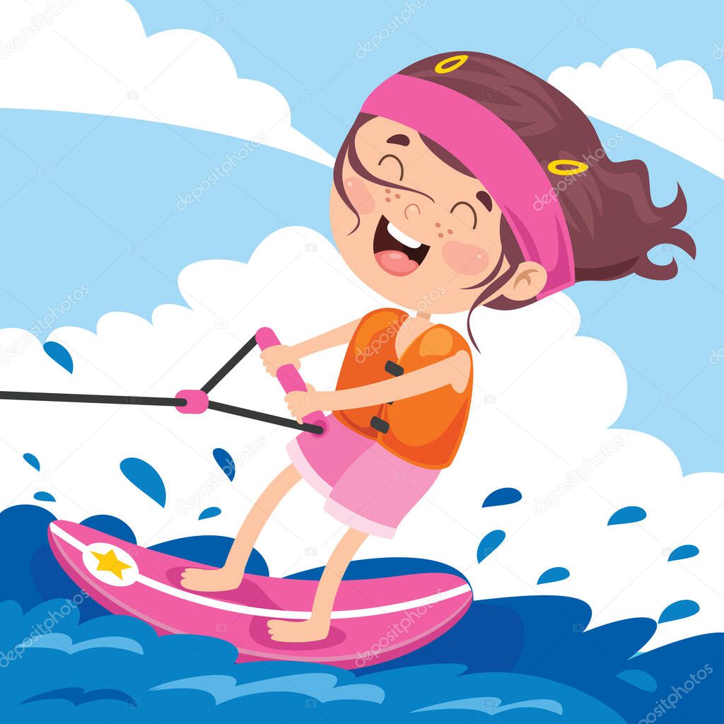 Happy Cartoon Character Surfing At Sea