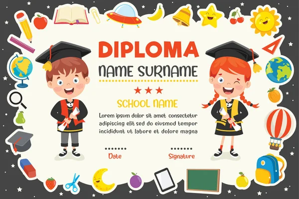 Diploma Certificate Preschool Elementary School Kids — Stock Vector