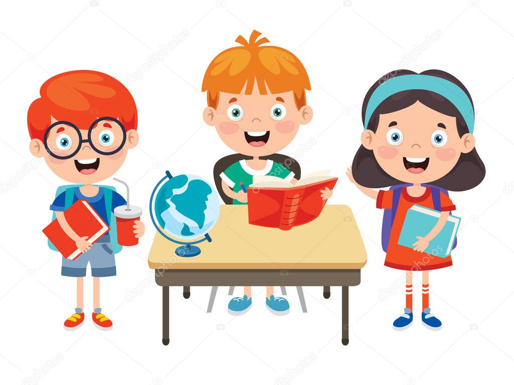 Happy Cute Cartoon School Children
