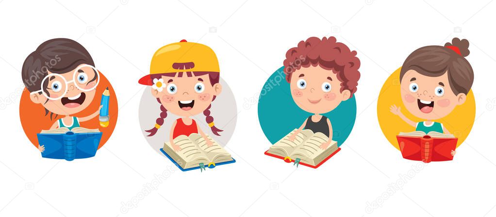 Happy Cute Cartoon School Children