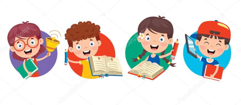 Happy Cute Cartoon School Children