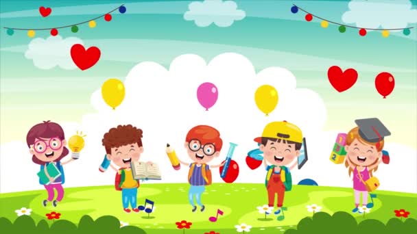 Animation Little School Children Studying Park — стоковое видео