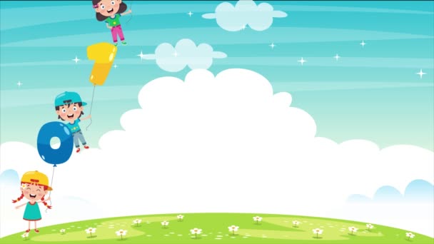 Animation Children Holding Πολύχρωμο Μπαλόνια Αριθμός — Αρχείο Βίντεο