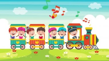 Trenle seyahat eden mutlu çocukların animasyonu