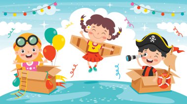 Happy Kids Playing With Cardboard Costumes clipart