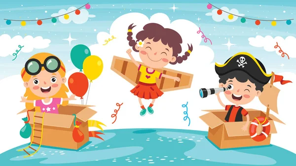 Happy Kids Playing Cardboard Costumes — Stock Vector