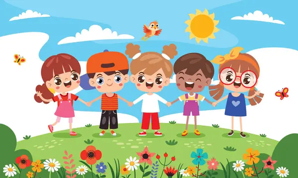 Cartoon Multicultural Kids Holding Hands Stok Vektor Bebas Royalti