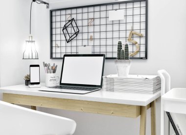 çalışma alanı mockup bilgisayar ile 3D render.