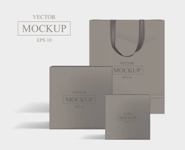 Yaratıcı kahverengi mockup. Alışveriş çantası ve 2 kutu