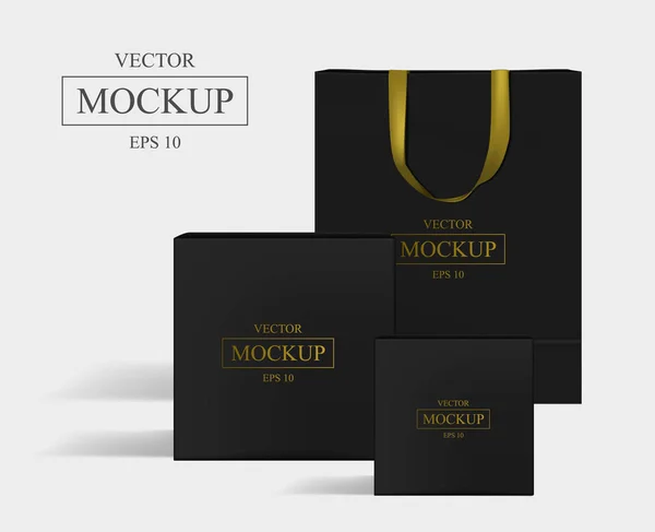 Yaratıcı siyah mockup. Alışveriş çantası ve 2 kutu