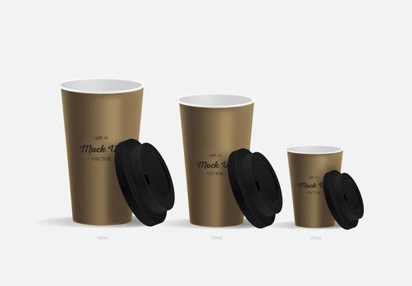 3 tasses à café marron maquette sur fond gris — Image vectorielle
