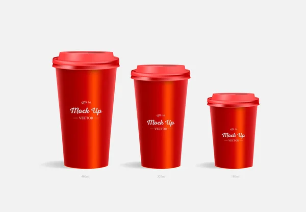 3 красные чашки кофе макет на красном фоне . — стоковый вектор