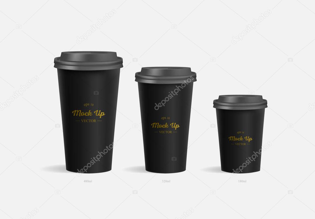 3 black coffee cups mockup on grey background