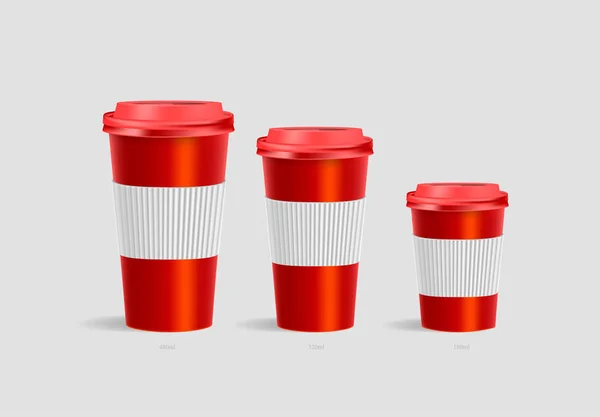 Coffee cups with holder mockup on red background — Stock Vector