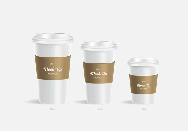 3 tasses à café blanc maquette avec support brun . — Image vectorielle