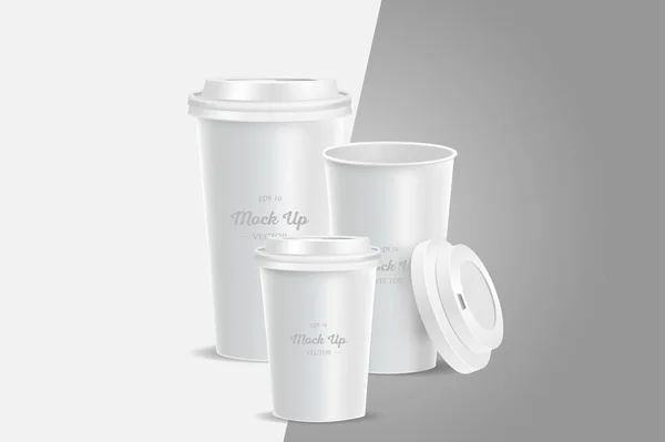 3 tazas de café blanco maqueta sobre fondo gris — Vector de stock