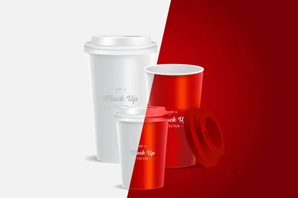 3 tasses à café rouge maquette sur fond . — Image vectorielle