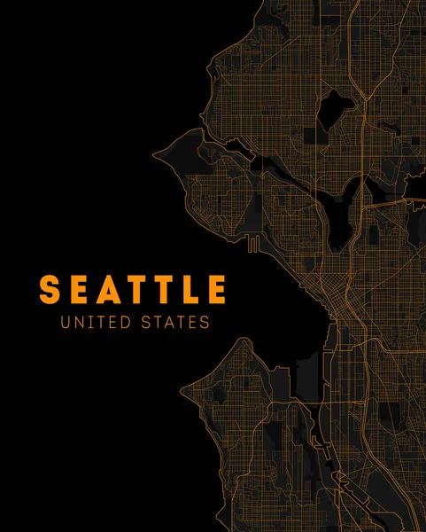 Black and orange map of Seattle city. Washington Roads — Stock Vector