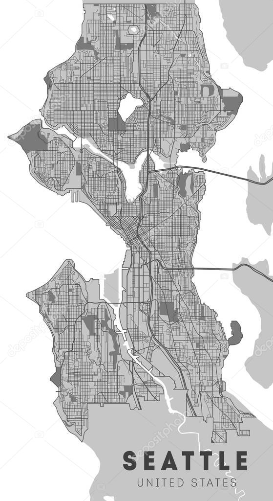 City map Seattle, monochrome detailed plan, vector illustration. Washington