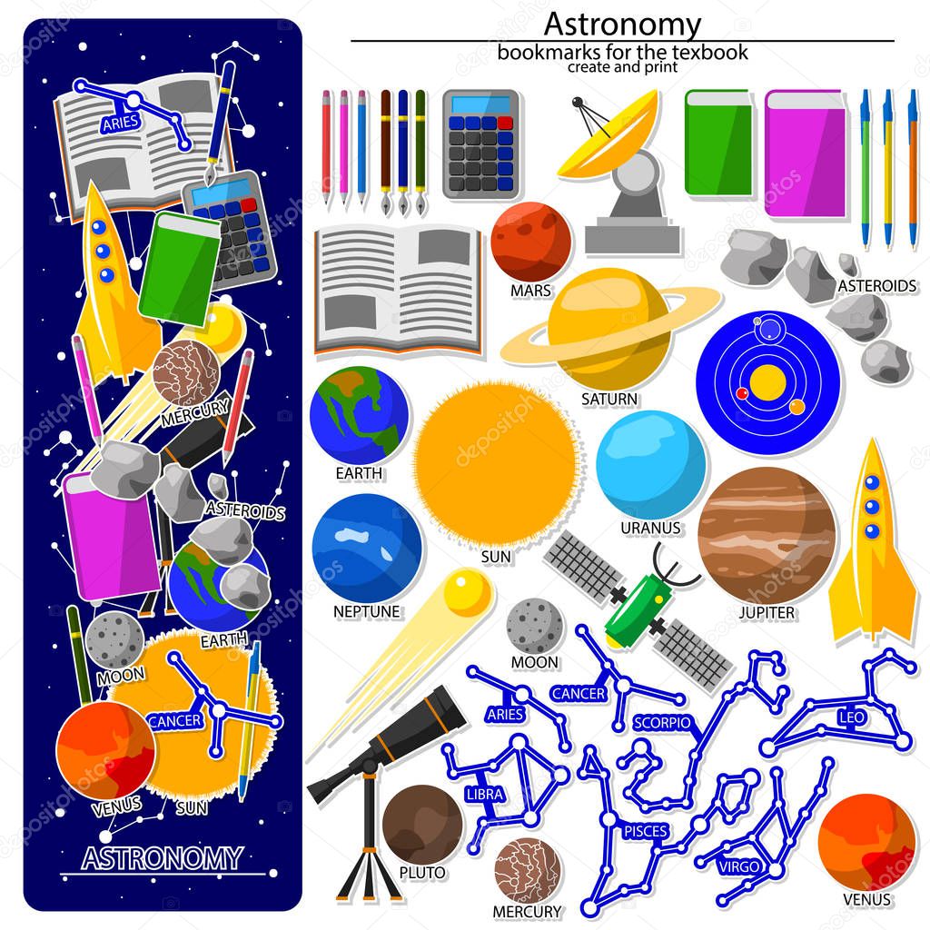 Bookmark creation kit on the astronomy school theme. All elements are located on different layers and can be easily manipulated.