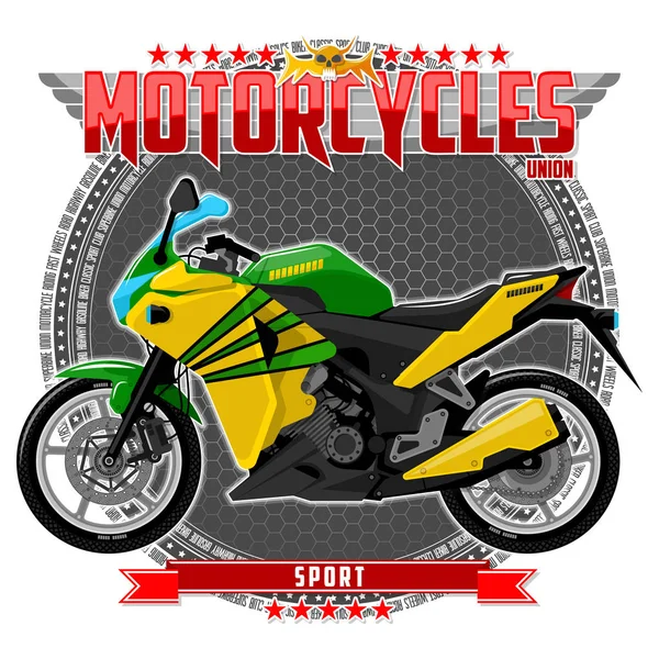 Motorcycle of a certain type, on a symbolic background. Motorcycle text and background are located on separate layers.