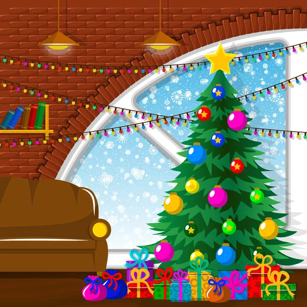 Illustration Pour Noël Arbre Noël Cadeaux Flocons Neige Tous Les — Image vectorielle