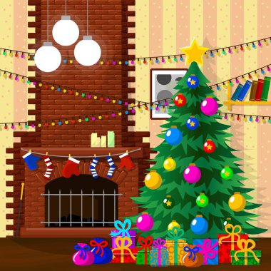 Resimde Noel için. Noel ağacı, hediyeler, kar taneleri. Tüm öğeleri farklı katmanlarda bulunan ve kolayca manipüle edilebilir.