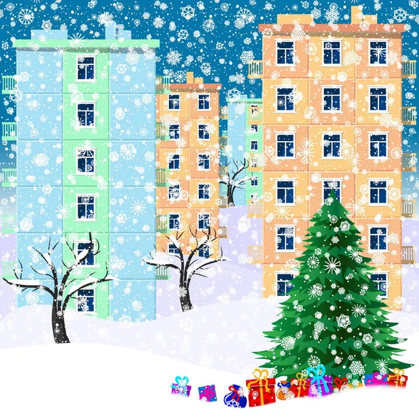 Ilustración Para Navidad Árbol Navidad Regalos Copos Nieve Todos Los — Vector de stock