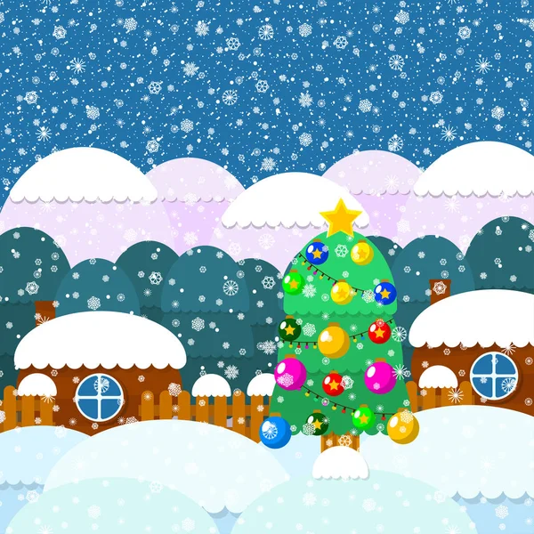 Ilustración Para Navidad Árbol Navidad Regalos Copos Nieve Todos Los — Vector de stock